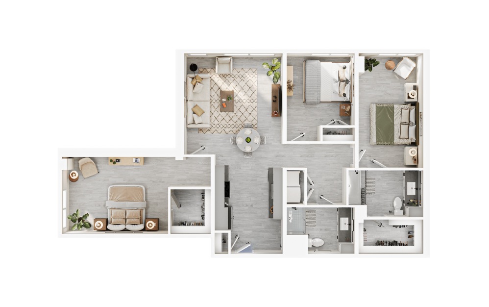 3C - 3 bedroom floorplan layout with 2 bathrooms and 1374 square feet
